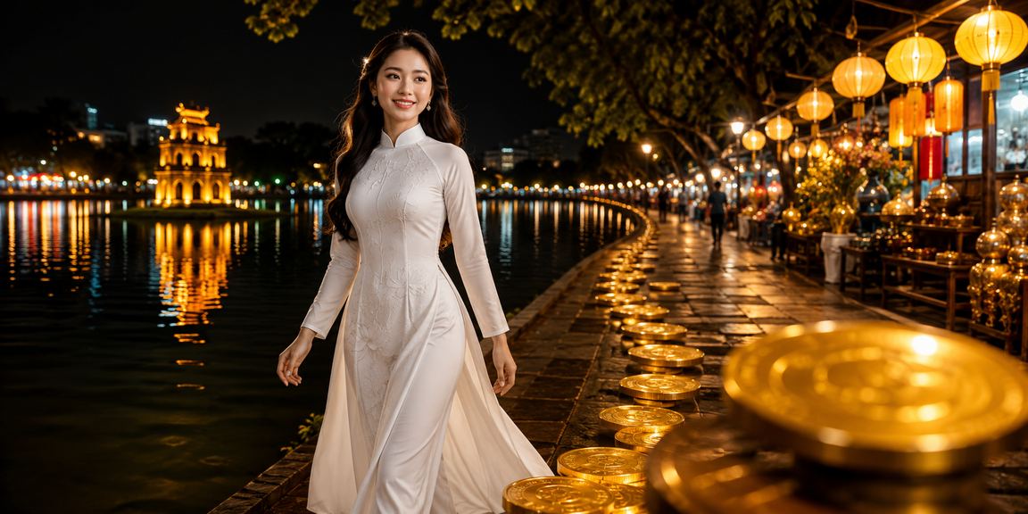 Phụ nữ Hà Nội mặc áo dài sử dụng điện thoại đặt cược