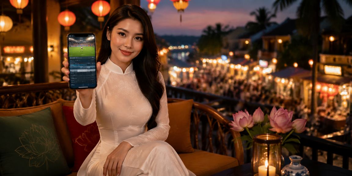 Người phụ nữ mặc áo dài tại Phú Quốc theo dõi cá cược thể thao trên điện thoại